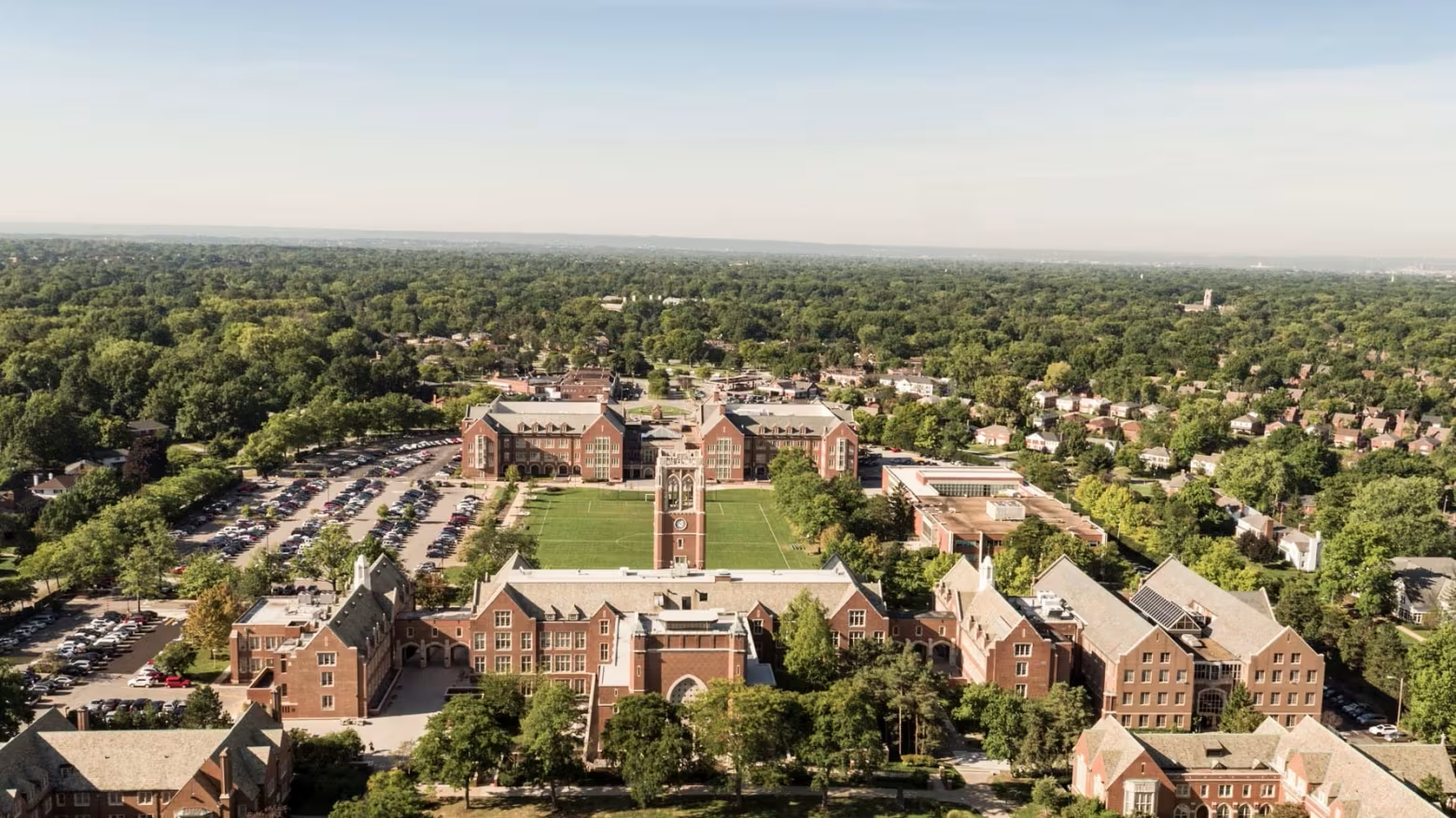 Aerial view of a university campus with red brick buildings in USA