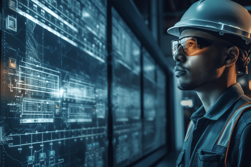 Facility manager wearing a hard hat and smart glasses, analyzing a digital dashboard with IoT-powered building data and system schematics on a large screen.