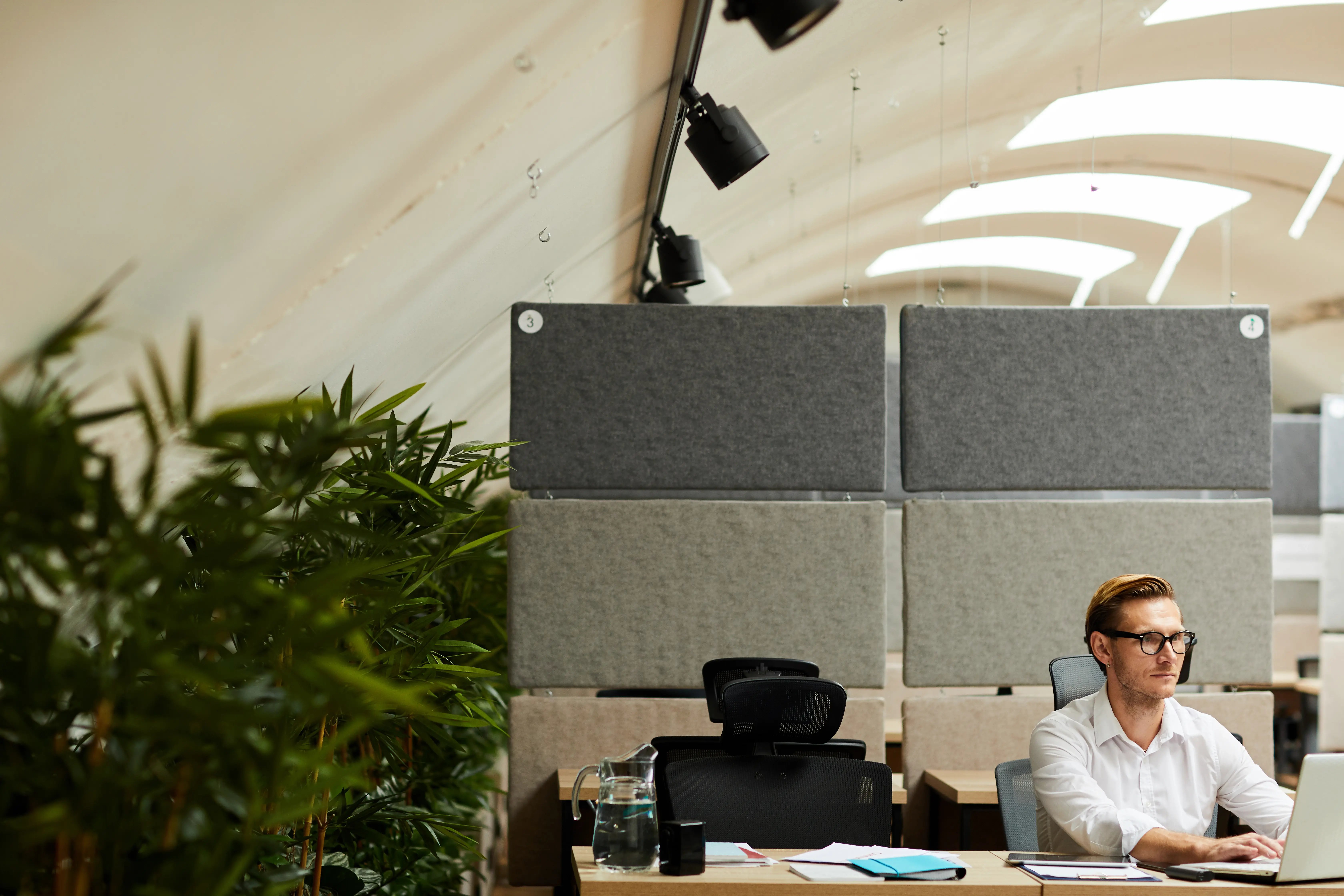Modern open office equipped with sound masking system to improve speech privacy and reduce noise distractions